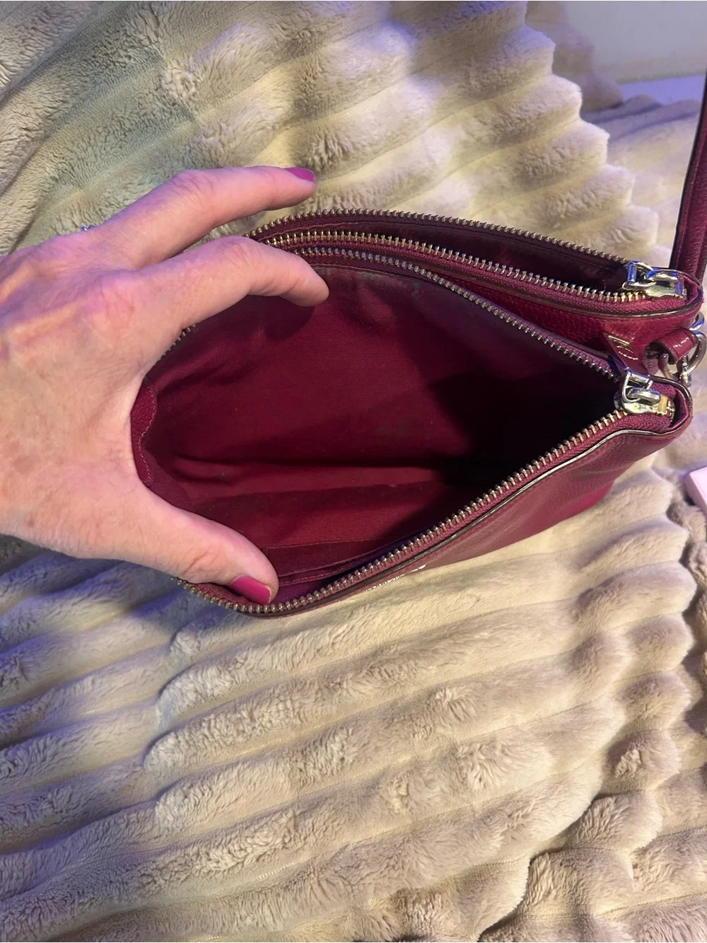 Coach Pebbled Leather Double Zip Wristlet - Raspberry - Picture 10 of 16